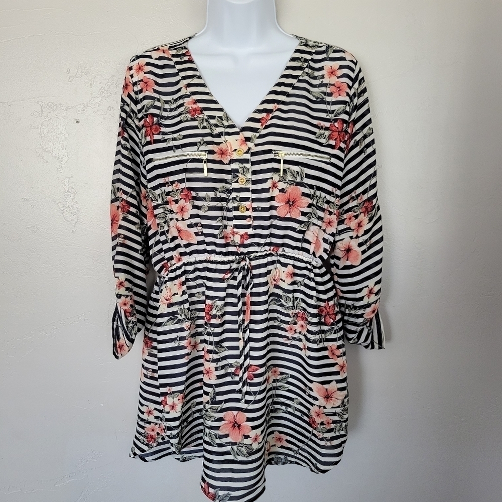 J for Justify Women's Large Tunic Dress Navy Blue White Striped Floral Print Top